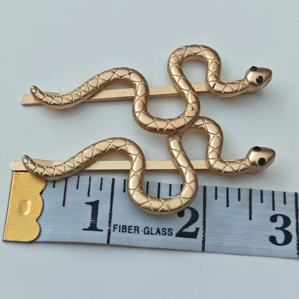 Gold Snake Hair Pins Set Black Rhinestone Eye Serpent Bobby Clips 2pc